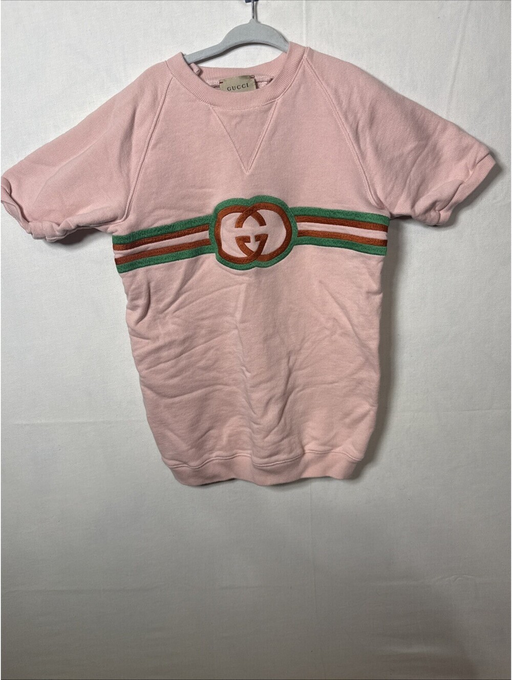 Gucci Girls Pink Short Sleeve Sweatshirt GG Web Stripe Logo Size 6 Made Italy